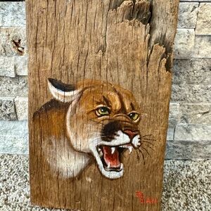 Original Signed Vtg. Wildlife Mountain Lion Wall Art on Barn Wood 5 1/4” x 9.5”